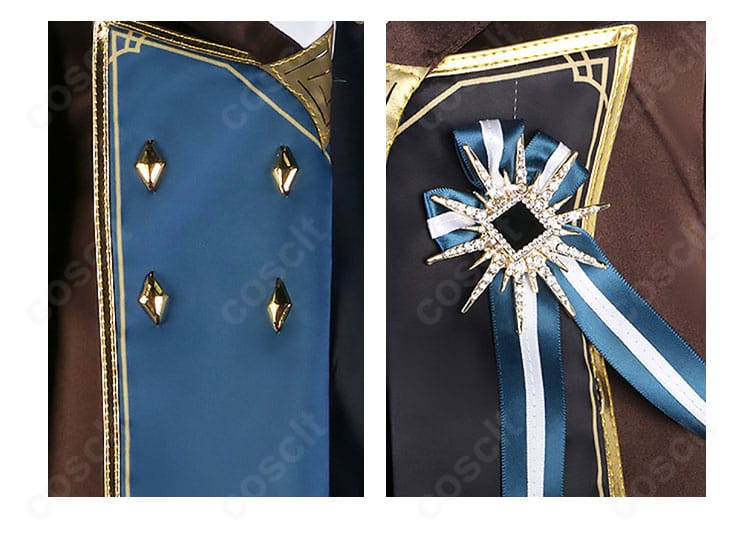 外套フロント装飾のクローズアップ。刺繍と胸飾りの質感、金具の光沢感まで再現したディテール。