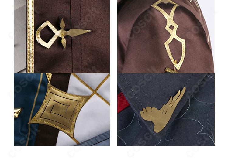 シャツ胸元アクセのアップ。ネクタイ・胸飾り・ピンの配置と質感が分かる、コスプレ通販COSCLTの品質例。