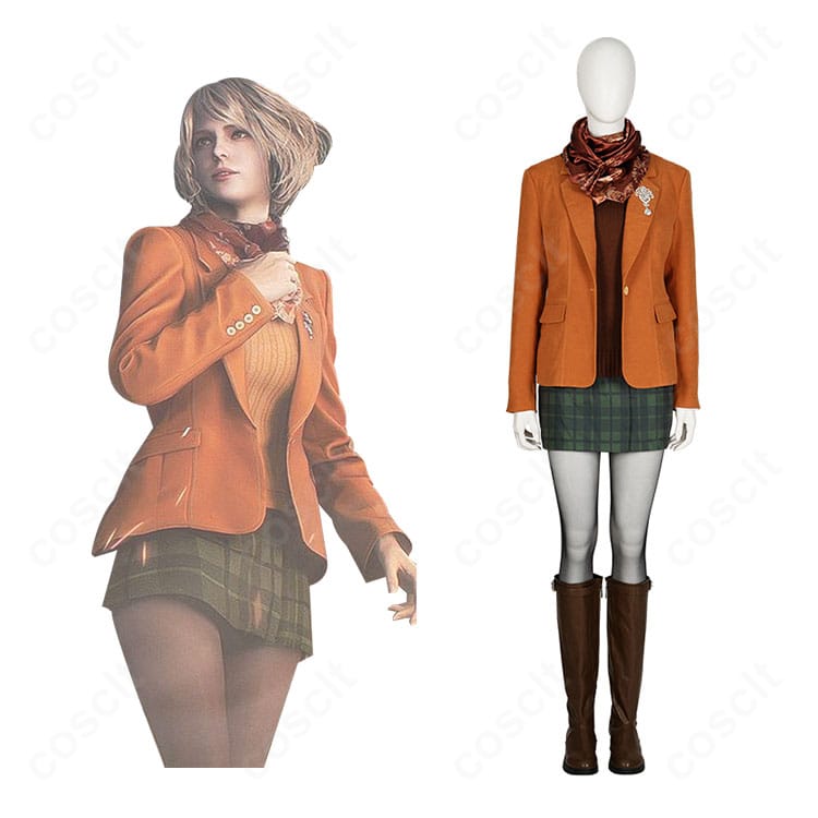 バイオハザード RE:4 アシュリー・グラハム衣装の正面とキャラ比較。オレンジ系コートと刺繍ベスト、チェック柄スカーフの再現度を一目で確認できる画像
