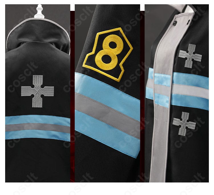 森羅日下部コスプレ 背面の反射ストライプと左肩装飾のクローズアップ