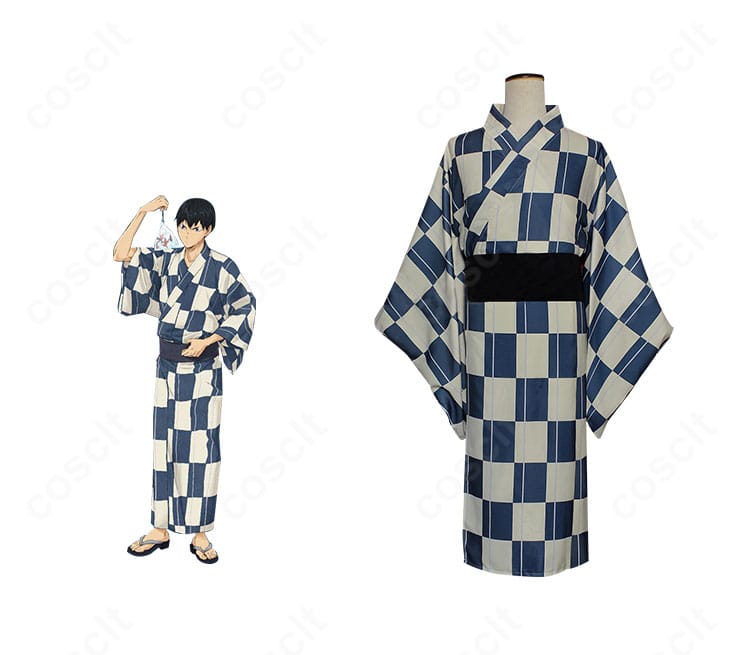 ハイキュー!! 影山飛雄 夏祭り浴衣コスプレの比較画像。烏野高校モデルの落ち着いた色味と直線的シルエットを、公式イメージと並べて再現度を確認できる構図。