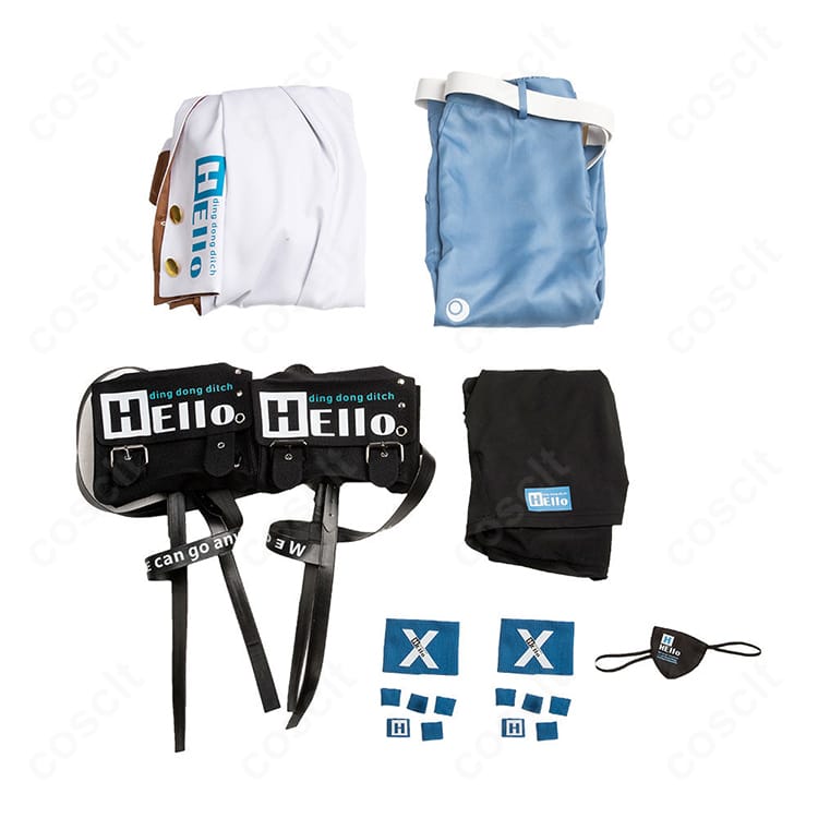 セット内容一覧写真。タンクトップ、コート、ズボン、ベルト、ポーチ、リストバンド、指輪、眼帯の8点を確認。