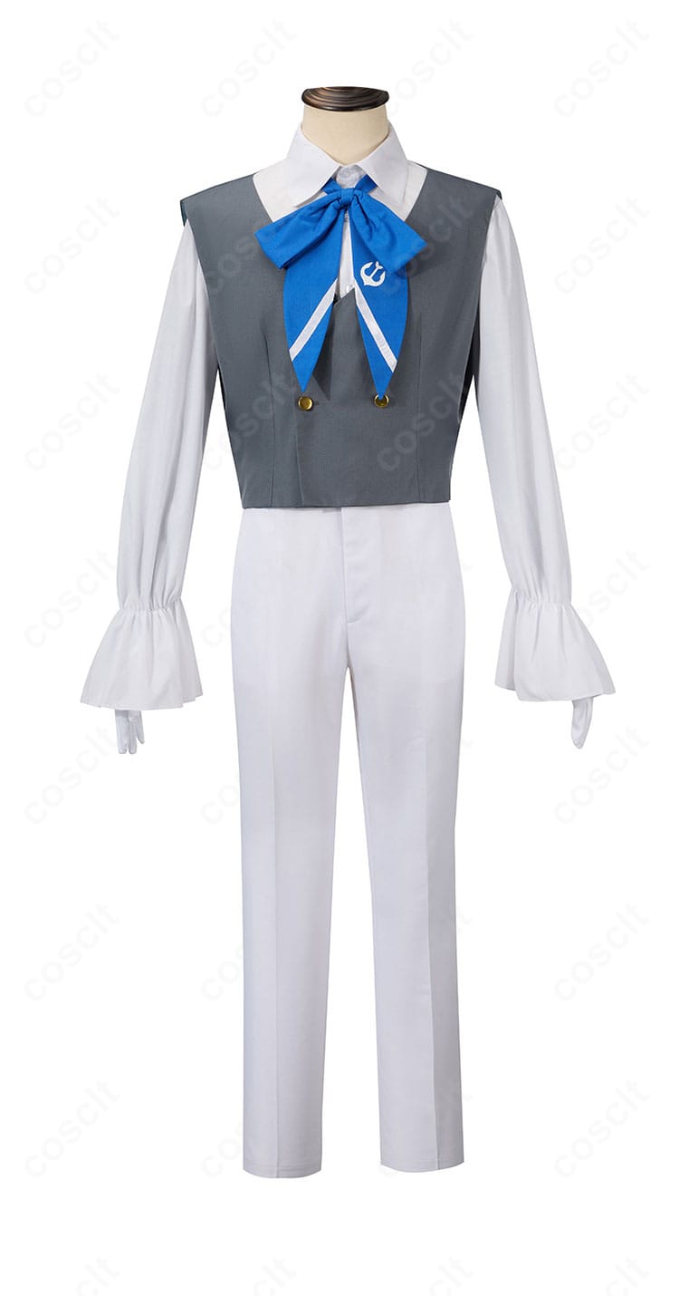 ベストとシャツの正面ディテール。前立てのライン、ボタン配置、ネイビー×ゴールドのコントラストを強調。