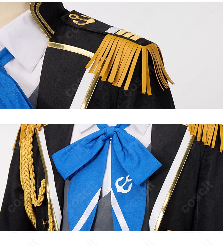 肩まわりと襟元リボン装飾のアップ。エポレット風意匠とリボンの質感、金装飾の発色を提示。