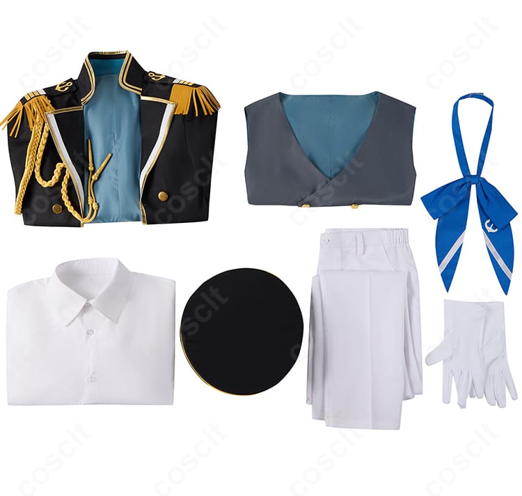 セット内容一式の紹介画像。コート、シャツ、ベスト、ズボン、スカーフ、手袋、帽子を並べて構成を明示。