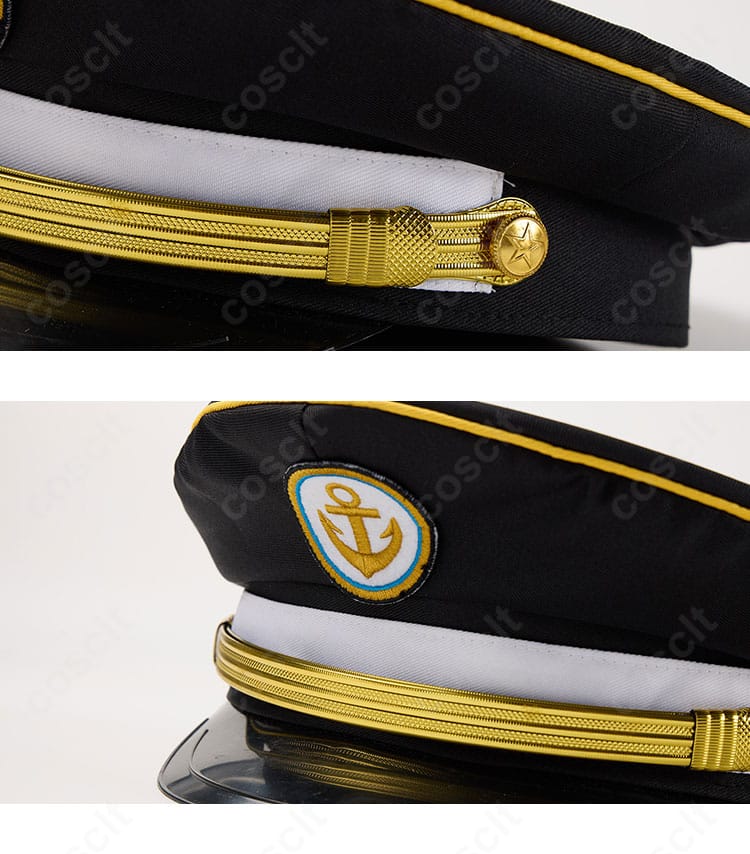 帽子の正面・側面ディテール。バンド装飾とクラウン形状、ツバの反り返りを再現。