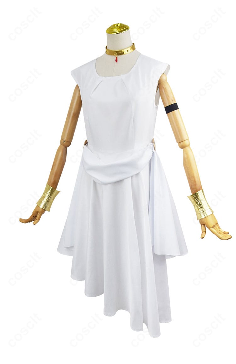 葬送のフリーレン フランメ 通常衣装コスプレ右側面ビュー。腕飾りと腰飾りの位置関係や縫製ディテールを確認。