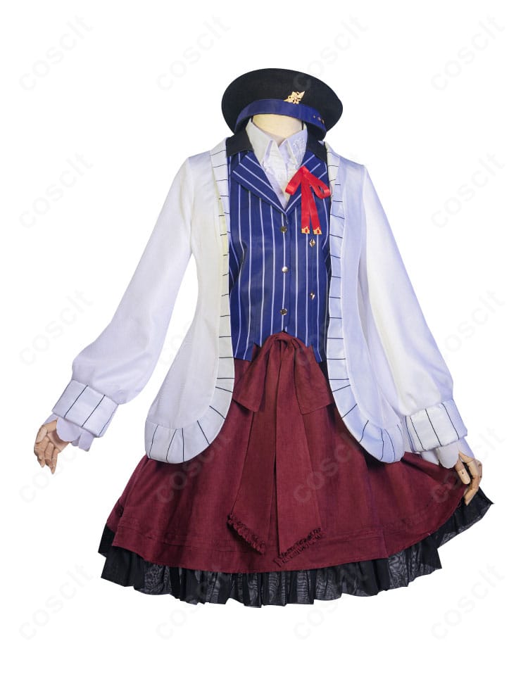 時空の絵旅人 主人公コスプレ衣装フルセットの正面全体像。上品なコートとベスト、スカートのシルエットが分かる高画質写真。