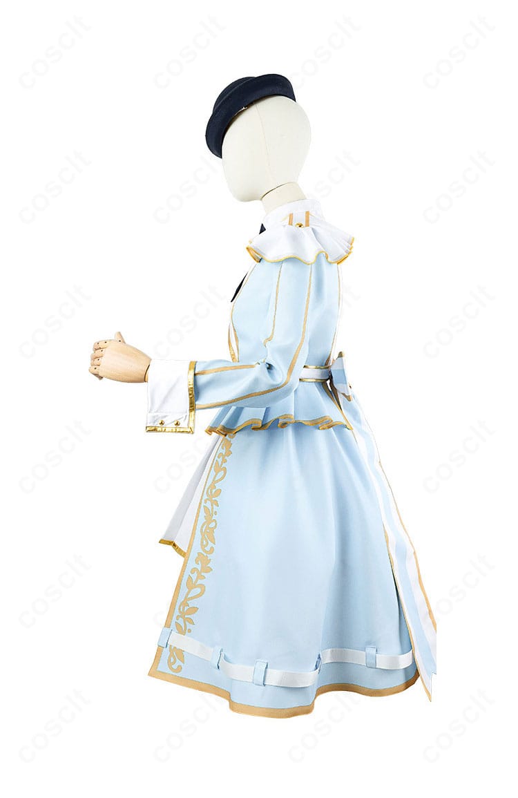 ウマ娘 プリティーダービー衣装の左側ディテール。スカートの段フリルと腰飾りの立体感、色分けの精密さが分かるサイドショット