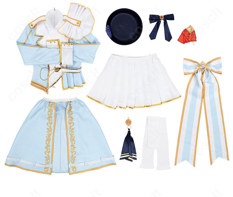 ウマ娘 コスプレ衣装のセット内容一覧。トップス、スカート、オーバースカート、背部蝶結び、リボン、胸飾り、腰飾り、靴下、帽子を並べた構成
