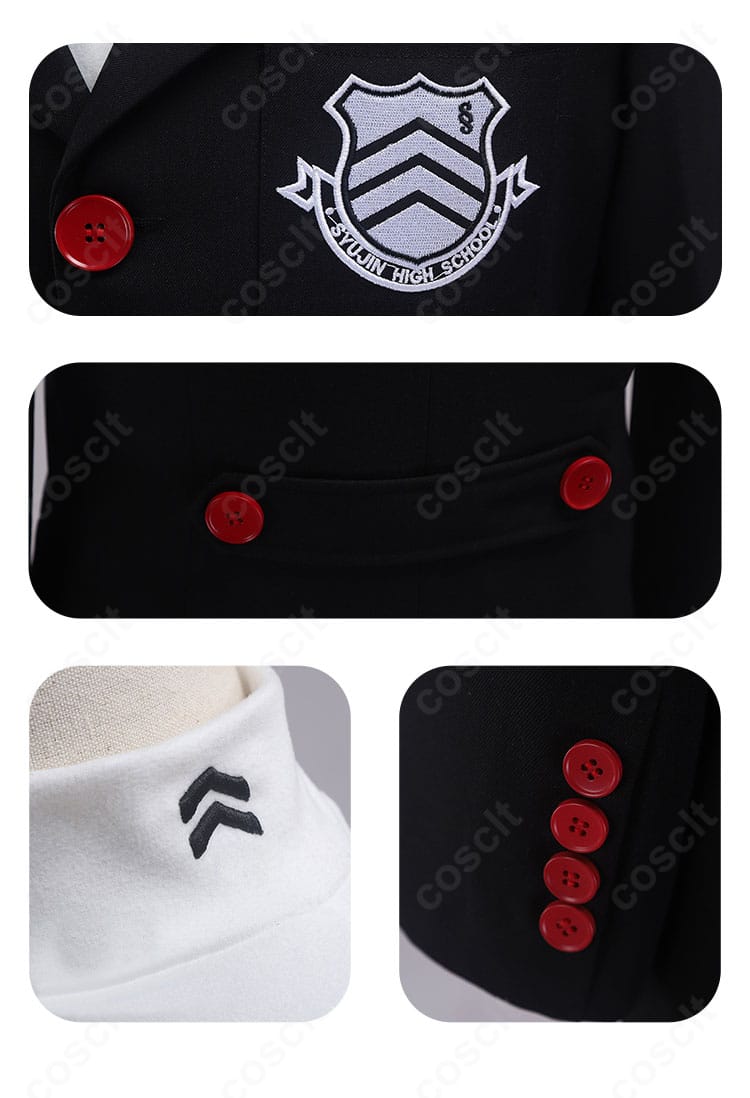 ペルソナ5 雨宮蓮（ジョーカー）コスプレの装飾ディテール接写。ゴールド調ボタンと胸元アクセントの高品質仕上げ