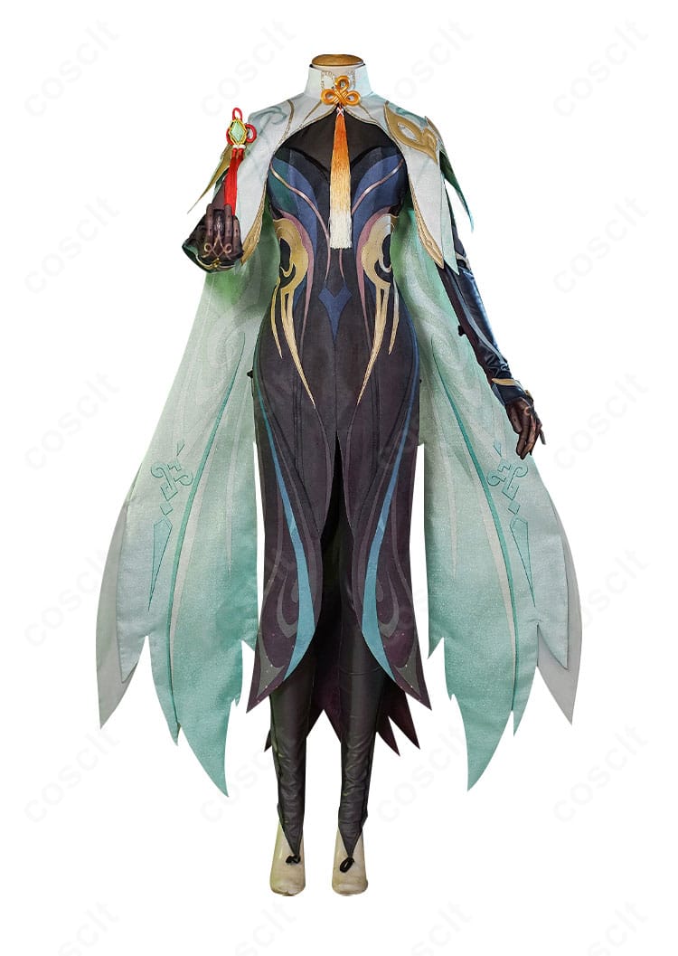 原神 閑雲 コスプレ衣装の正面全身カット（マント・胸飾り含む）