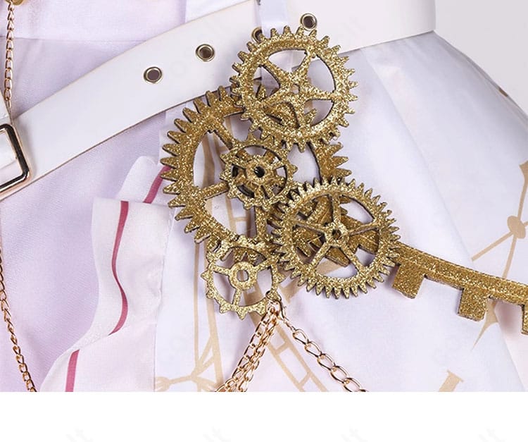 暁山瑞希 コスプレ衣装の腰のギア風装飾クローズアップ。機械的モチーフが世界観を強調。