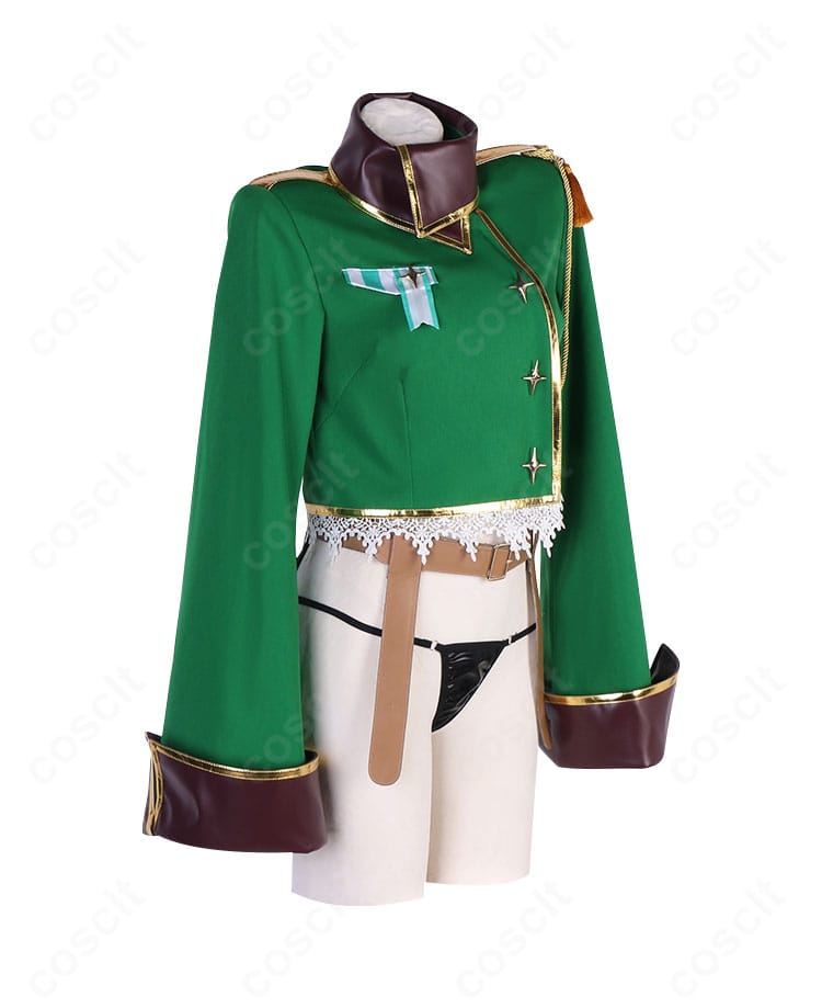 阿良河キウィ レオパルト衣装の側面シルエット。裾の流れとレッグカバーのラインが分かる角度。