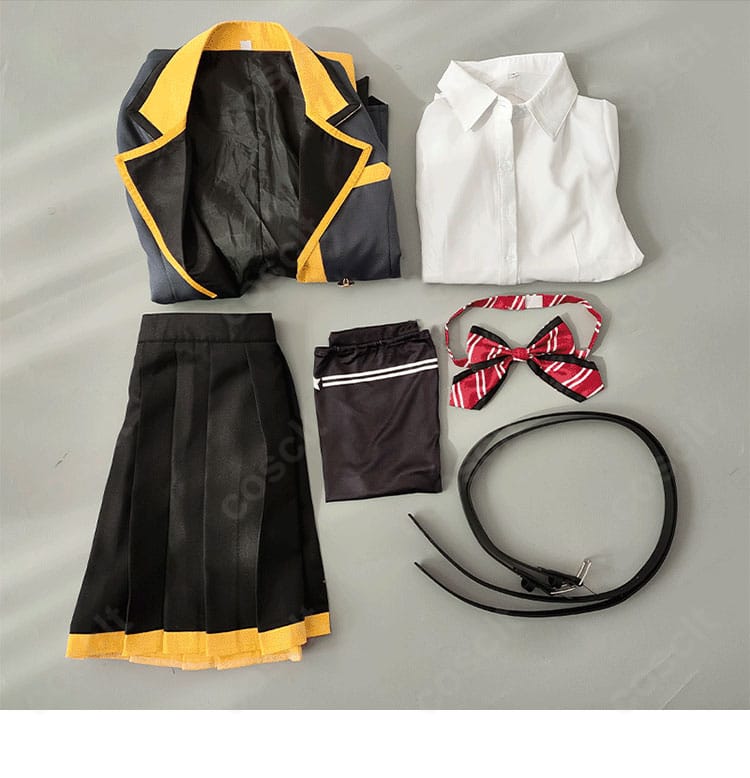 天馬咲希 コスプレ衣装セット内容一覧。コート・シャツ・スカート・レッグカバー・リボン・ベルトの同梱物が一目で分かる