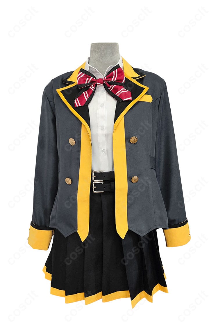 プロセカ 天馬咲希の制服風コスプレ衣装・正面全体。ハリのあるコートとリボン、きれいめシルエットが分かるフルボディ画像