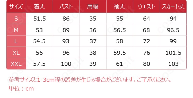 ヴィクトリア衣装のサイズ表。S〜XXLまでの寸法ガイドを示し、購入前のサイズ確認に役立つ画像。
