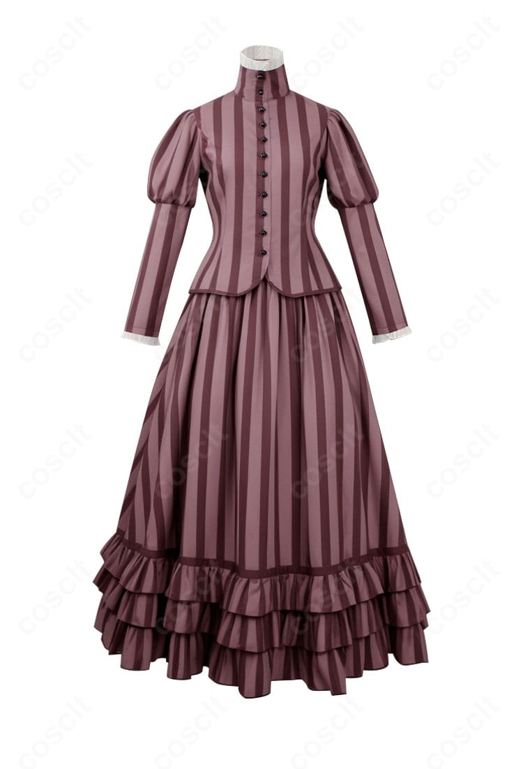 ヴィクトリア衣装の正面全体写真。トップスとスカートのライン、落ち着いた色味、端正なシルエットが分かる高品質仕上げ。