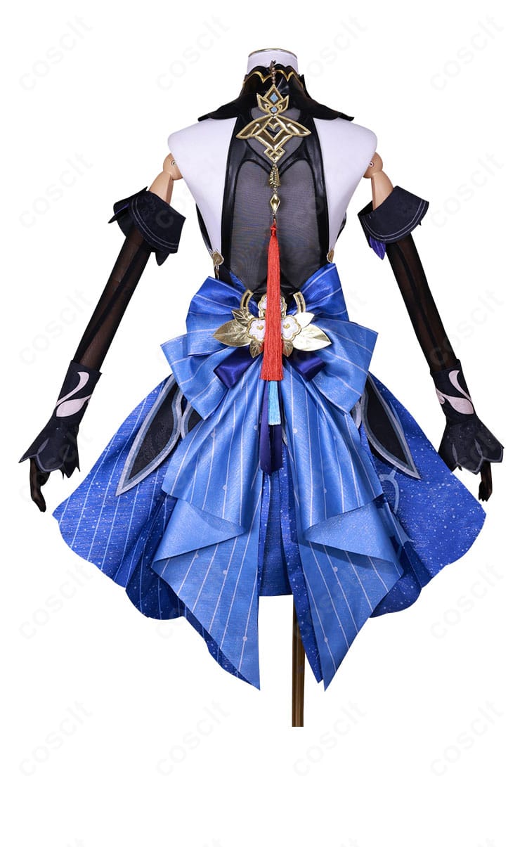原神 甘雨 玄玉瑶芳コスプレ衣装の背面デザイン。リボン配置と背面ライン、装飾の質感が分かるカット。
