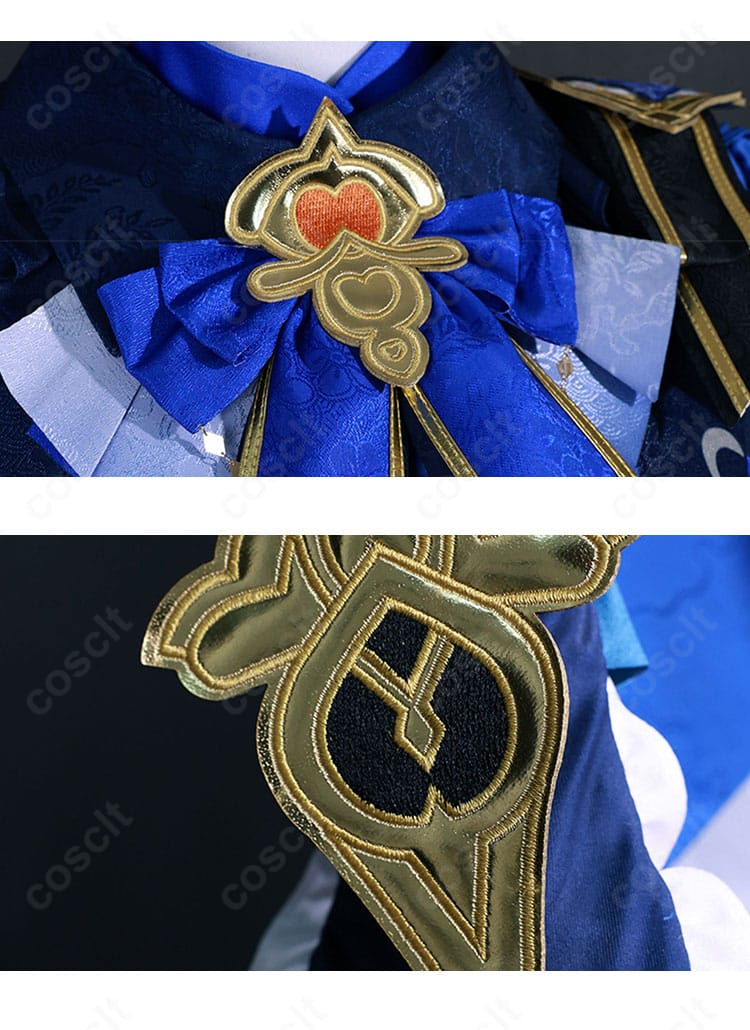 原神 行秋 コスプレ衣装 襟元の装飾ディテール接写。端正な襟飾りと縫製の仕上がりが分かるクローズアップ。