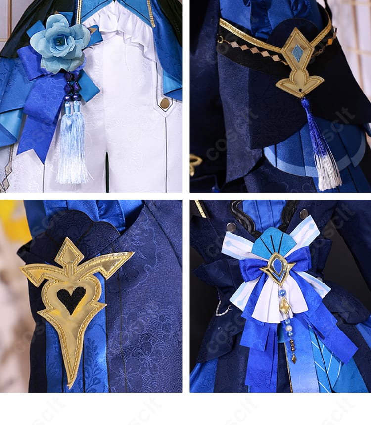 原神 行秋 コスプレ衣装 腰部の蝶結びと裾・アーム装飾の詳細。立体感あるリボンと装飾の質感を強調。