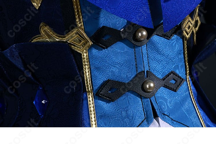 原神 行秋 竹身雨化Ver. 前立て部分のディテール。ステッチや生地のハリ感、左右のバランスが伝わる接写画像。