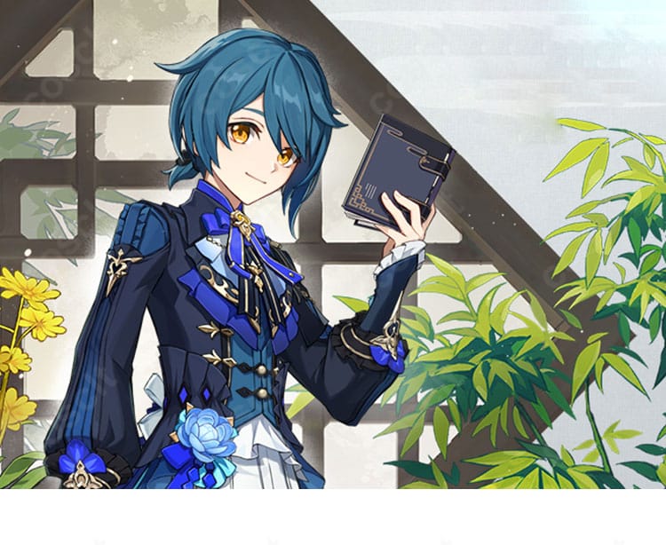 原神 行秋 竹身雨化Ver. コスプレ衣装を着用した全身イメージ写真。コートとショートパンツ、装飾一式でシルエットが映える様子。