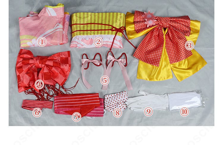 鹿目まどか 晴着Ver. コスプレ衣装のセット一式。着物、帯、背面リボン、装飾パーツを一覧で確認