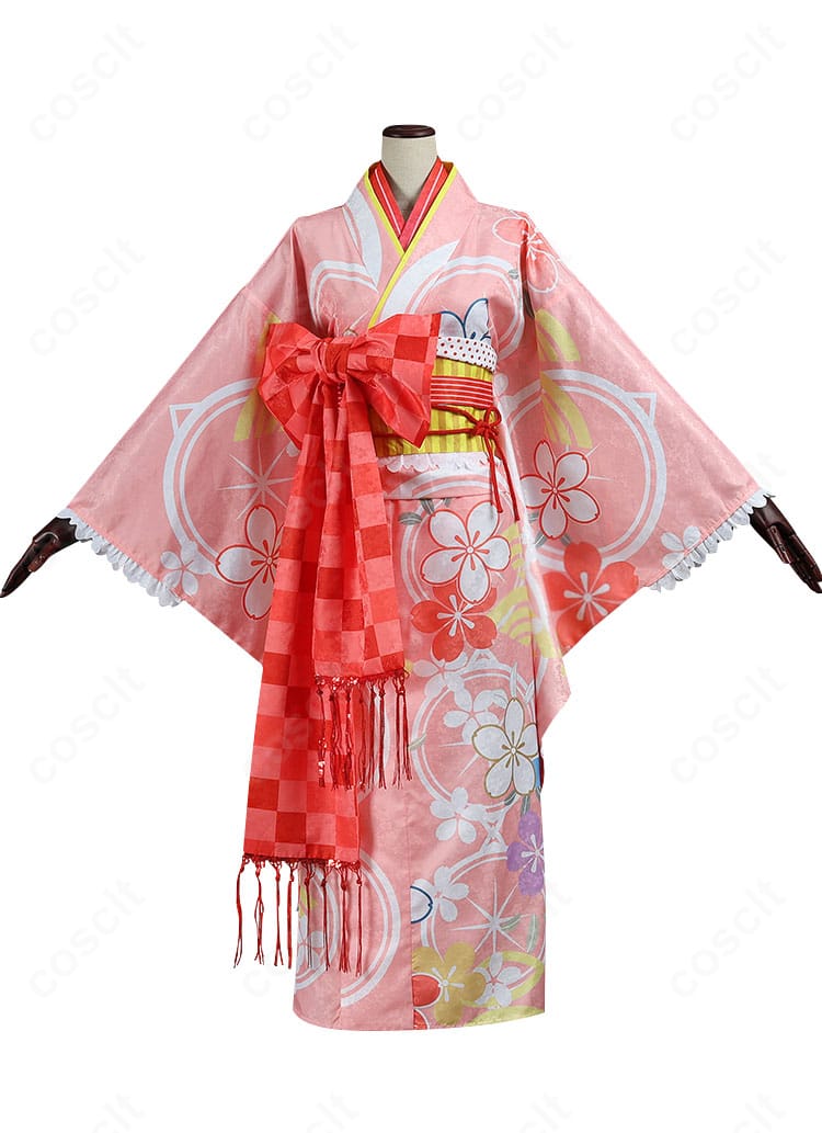 鹿目まどか 晴着Ver. コスプレ衣装の正面全身。交差襟と上品な配色でまどマギの世界観を高再現。COSCLT通販