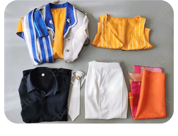 プロセカ 天馬司 コスプレ衣装のセット内容一覧。コート、シャツ、ベスト、ズボン、ネクタイの5点を一目で確認可能。