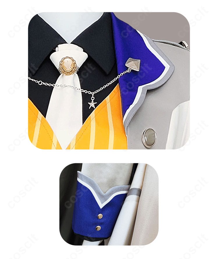 プロセカ 天馬司 コスプレ衣装の襟・袖ディテール接写。刺繍と金属調ボタンの質感、ステッチの整いを強調。