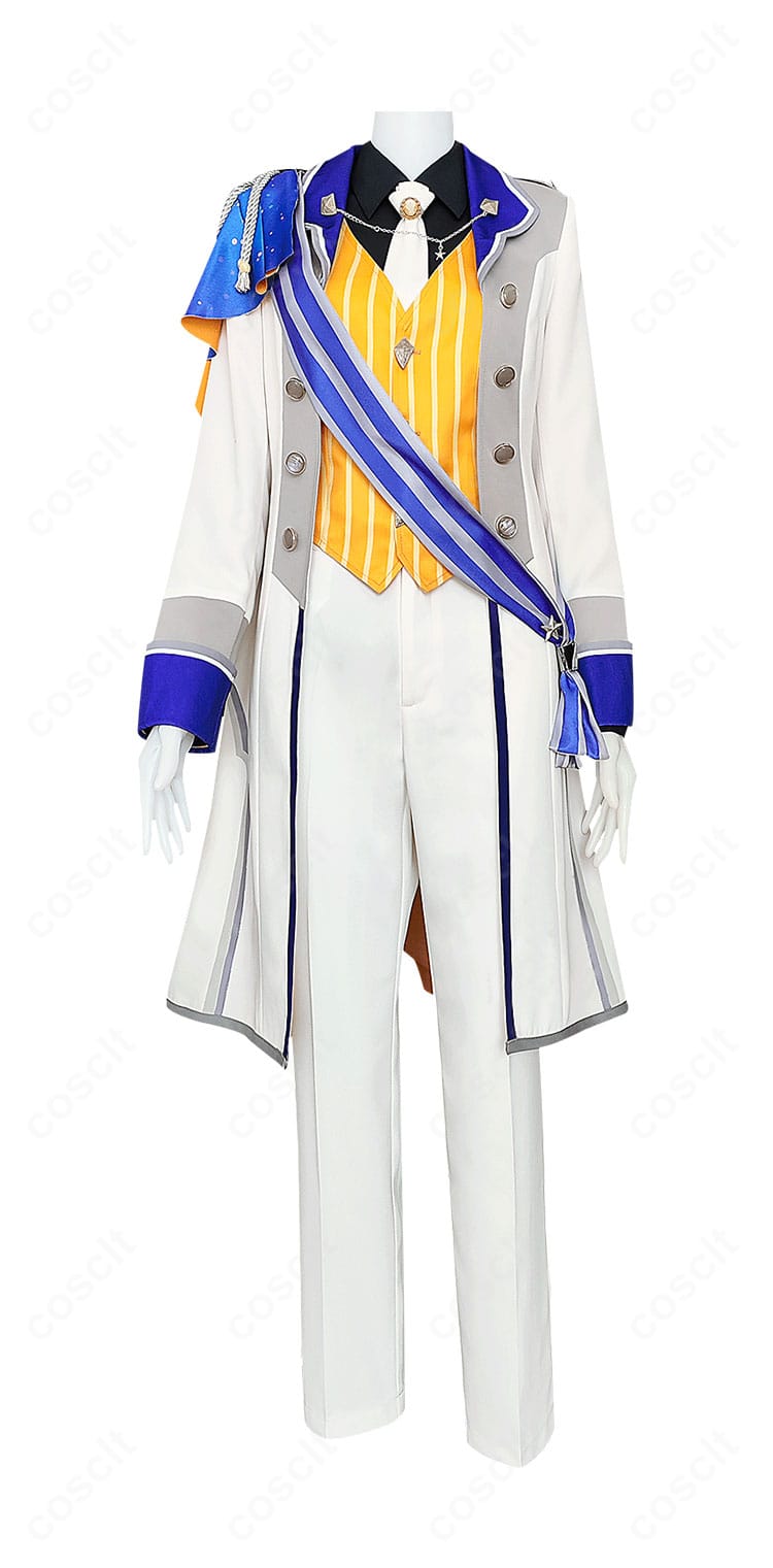 プロセカ 天馬司 通常衣装コスプレの正面フルショット。濃色コートとイエローベストの配色、5点セットの全体バランスを確認できます。