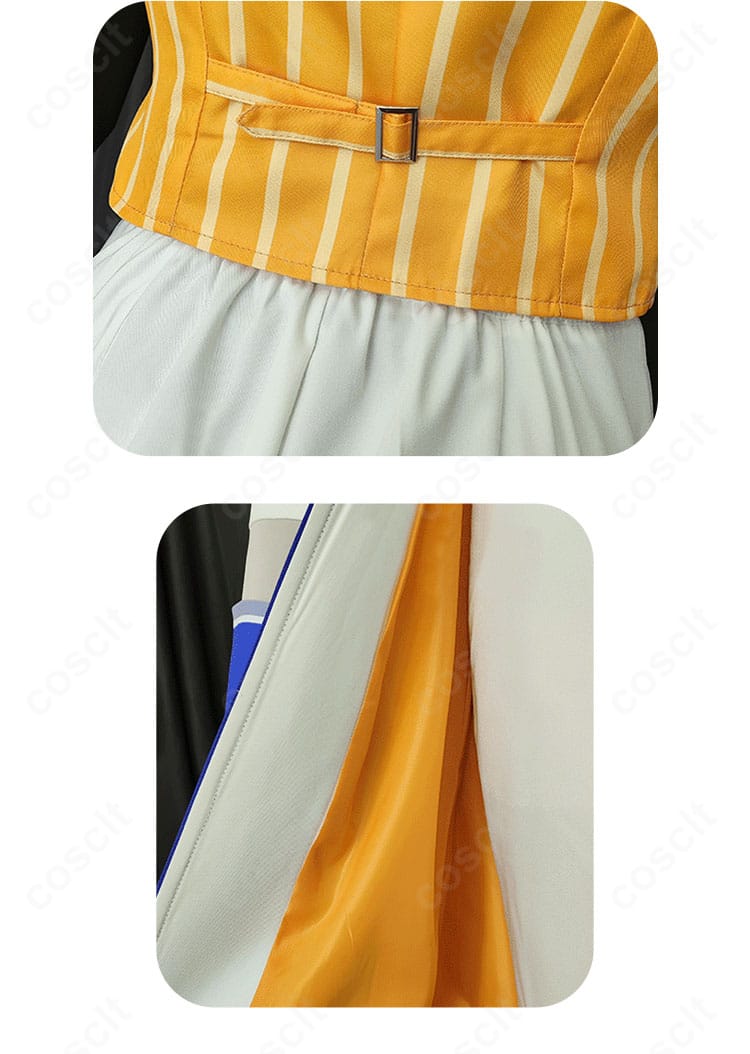 プロセカ 天馬司 コスプレ衣装のイエローベストと裾の背面ディテール。鮮やかな配色と生地の質感を紹介。