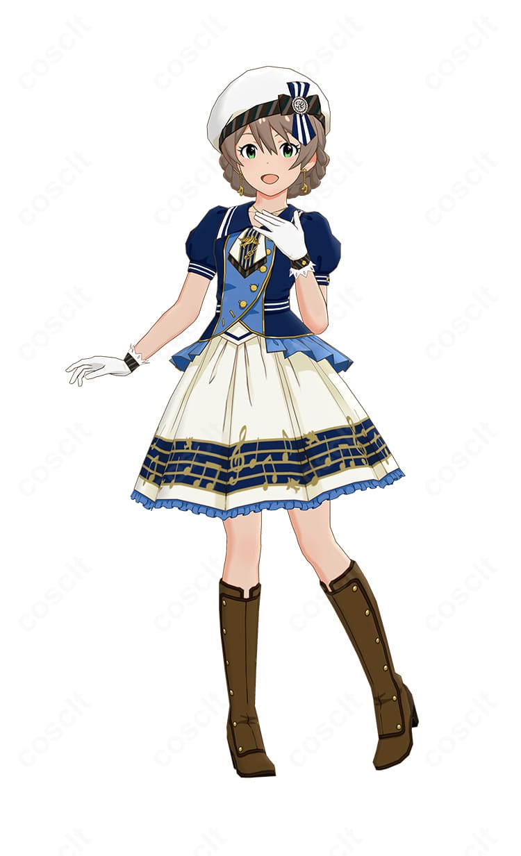 桜守歌織のコスプレ衣装を全身で写した画像。落ち着いた色味と上品なシルエットを高再現し、帽子付きセットでイベントや撮影会に適した薄手・通気性の良いデザイン。