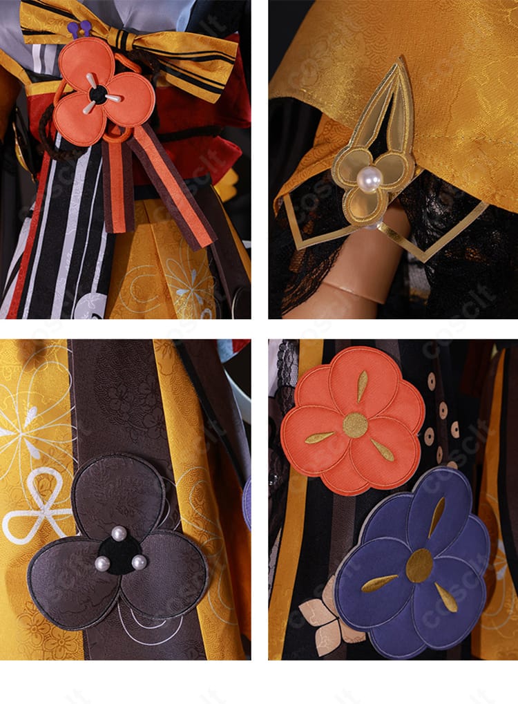 原神 千織のフォンテーヌ衣装コスプレ 衣襟の装飾ディテール。精巧な刺繍と縁取りで上品な質感を強調。