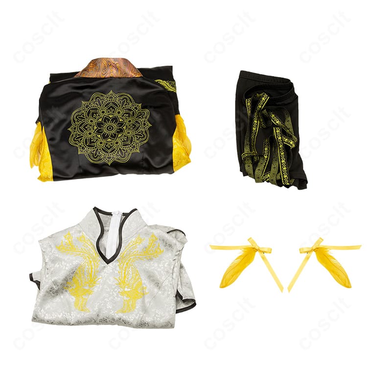 セット内容の展示画像。リン・シャオユウの髪飾り、トップス、コート、ショートパンツの4点を平置きで並べ、各アイテムの質感とディテールが見える構成。