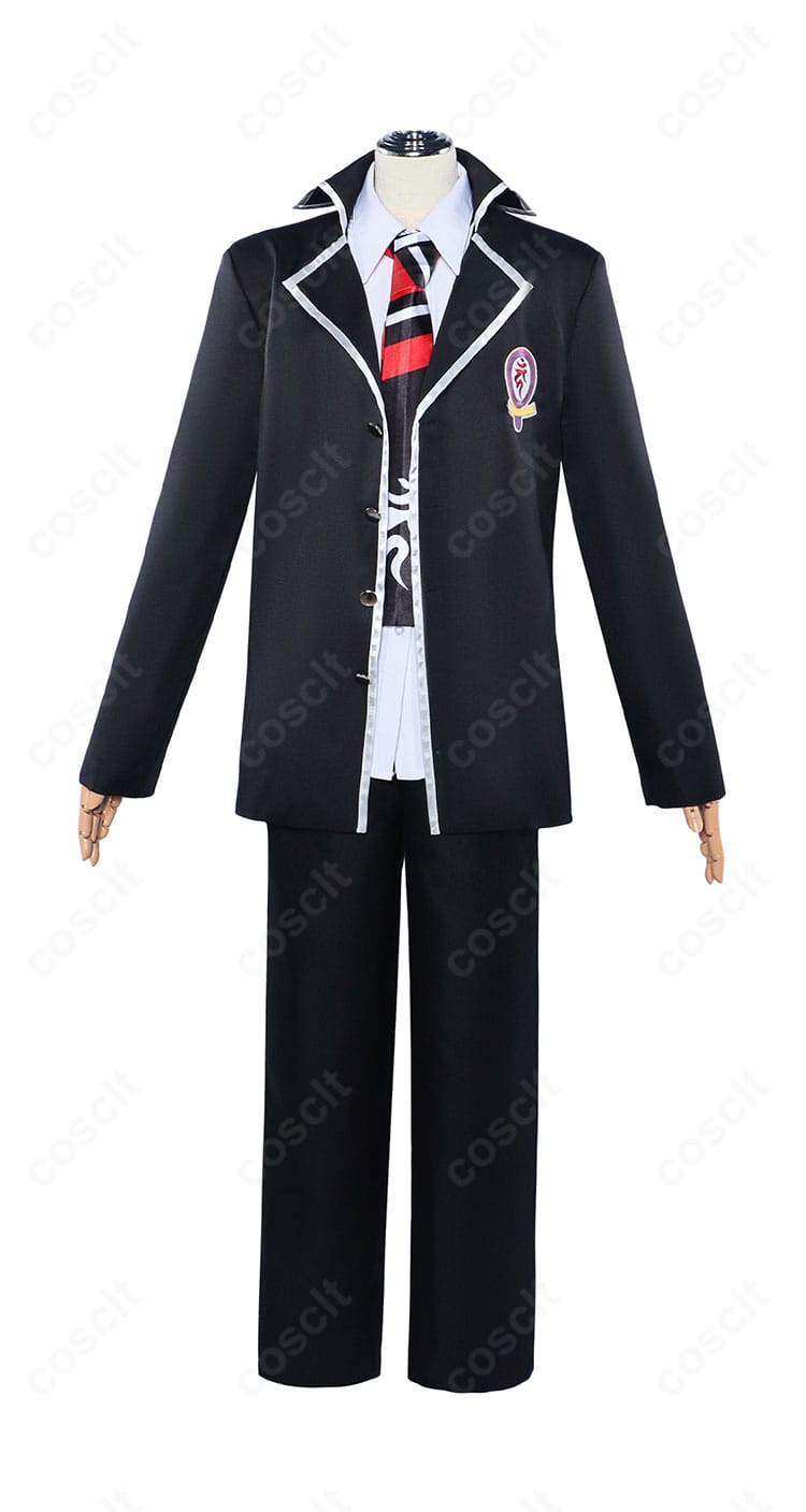 青の祓魔師 奥村燐 祓魔師制服コスプレ 正面全身。刺繍エンブレムと赤ストライプのネクタイが映える高再現の学園コートが特徴。