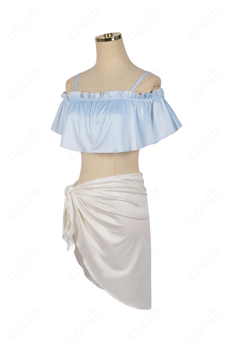 青いビスチェ左側面のシルエット。身体に沿うパターンでスタイル良く見せる設計。