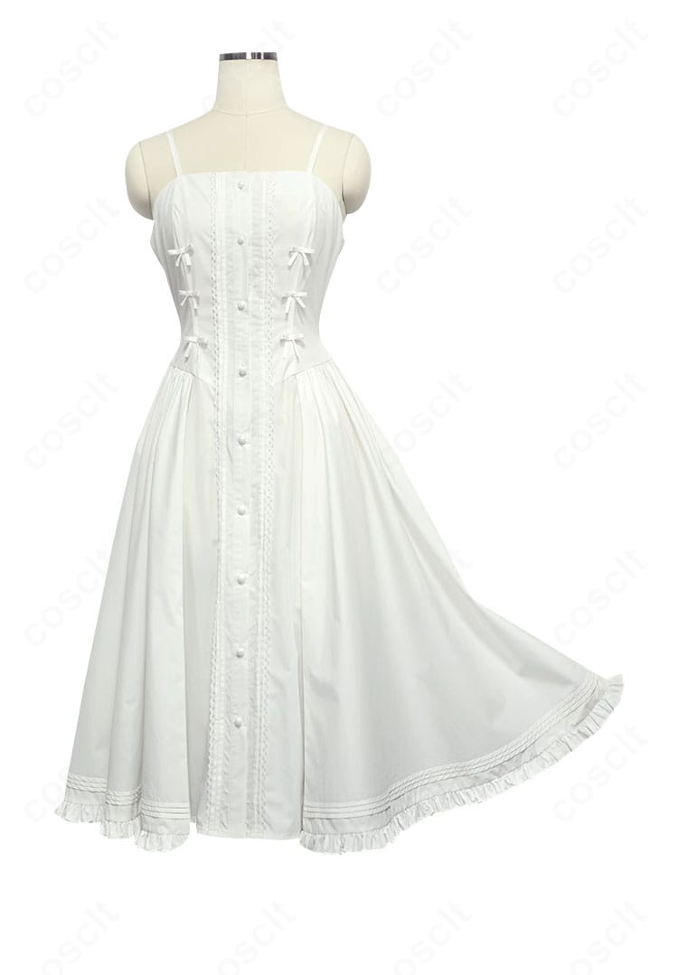 春日野穹の白ワンピース裾のディテール。細かい縫製と美しいドレープが分かるクローズアップ