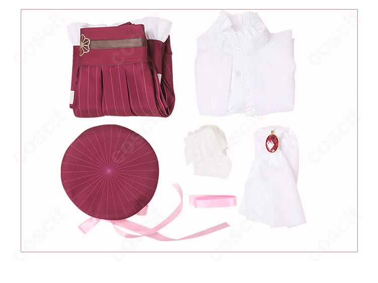 鬼滅の刃 竈門禰豆子 コスプレ衣装セット一式。シャツ・スカート・帽子・スカーフ・髪飾り・靴下の内容を並べた画像