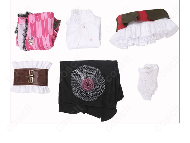 鬼滅の刃 甘露寺蜜璃 コスプレ衣装のセット内容一式。シャツ・トップス・スカート・コルセットベルト・髪飾り・タイツが揃う内容。