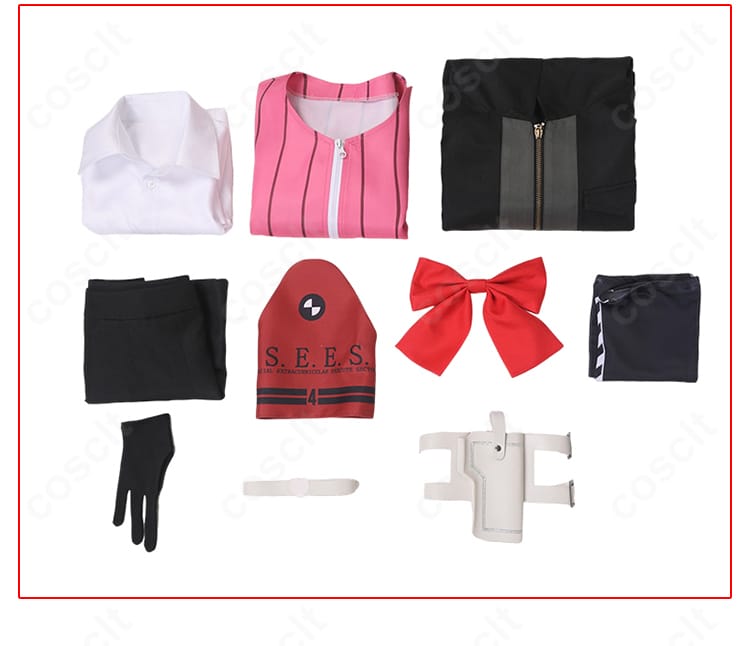 岳羽ゆかり 戦闘服コスプレ セット内容一式の展示画像。コート、シャツ、スカート、トップス、手袋、インナー、靴下、レッグポーチ、首飾り、リボンを一覧で紹介。