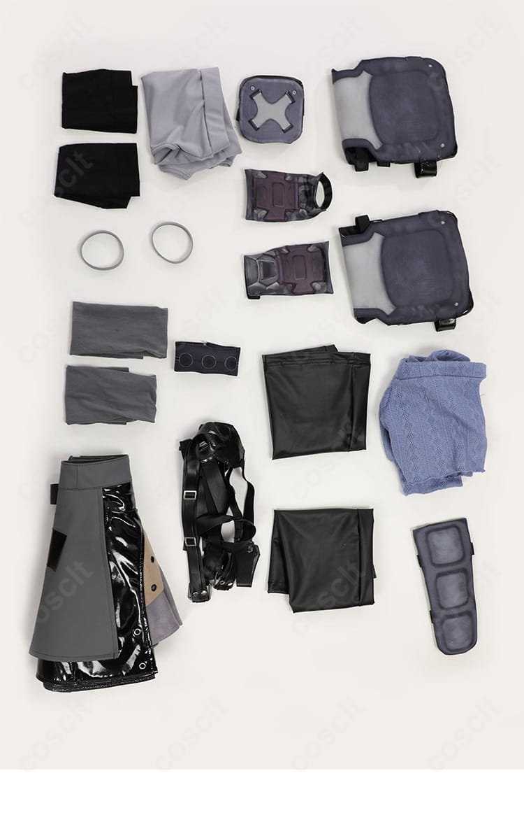 ティファ・ロックハート衣装のセット内容一覧。タンクトップ、トップス、スカート、サスペンダー、アームカバー、手首飾り、手袋、手鎧、靴下、ニーパッドを明示。