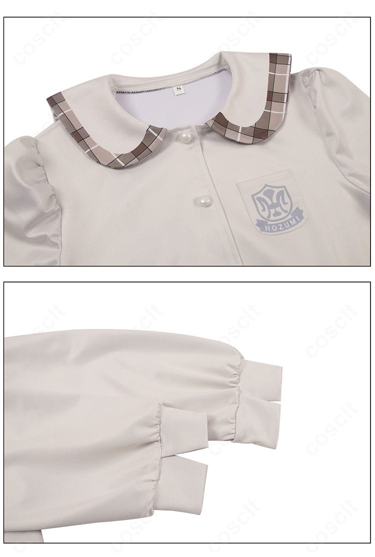 春日野穹 学園制服コスプレの襟元と袖口のクローズアップ。刺繍ラインとステッチワークの質感が分かる画像。