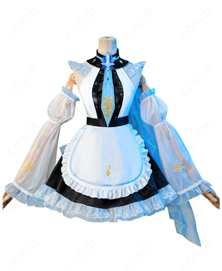 原神 エウルア・ローレンス モチーフのメイド服同人衣装 正面全体。上品配色とエプロンが映えるフルコーデ