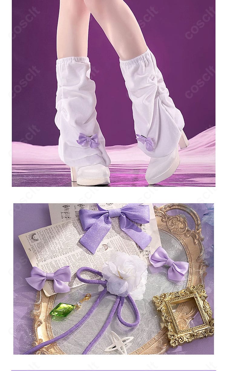 エミリア衣装のレッグカバーと髪飾り。足元のフィット感と髪飾りの形状を説明する画像