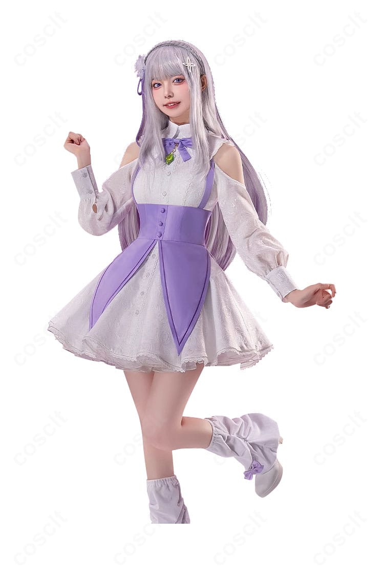 エミリア Memory Snow コスプレ衣装の側面。ウエストラインと袖のシルエット、リボン位置のディテールを示す画像