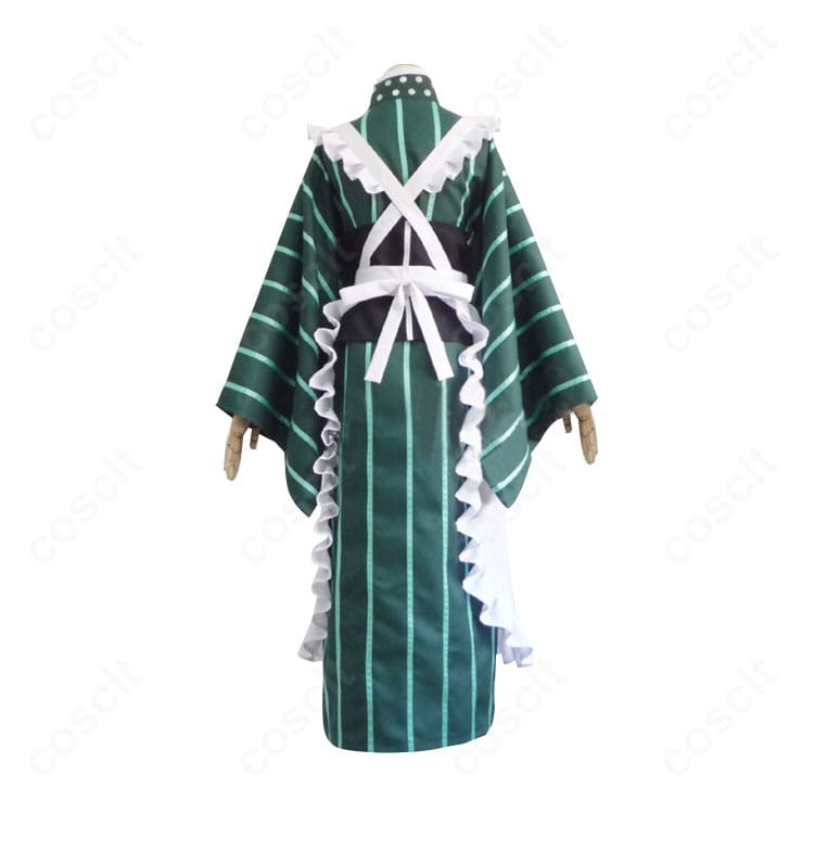 宇治松千夜 甘兎庵制服コスプレの背面全体。腰巻の結びとエプロンのラインなど背面ディテールを忠実に再現した様子が見える画像。