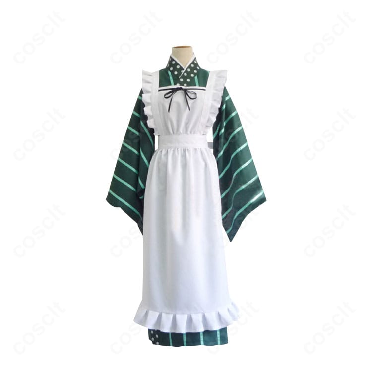 ご注文はうさぎですか? 宇治松千夜 甘兎庵制服コスプレの正面全身。和服・エプロン・腰巻・髪飾りを含む上品な和装メイドのディテールが分かる画像。