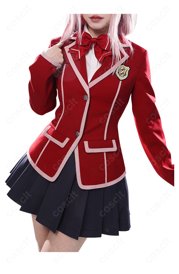 楪いのり 制服コスプレ衣装のブレザー前立て・リボン・スカートの細部ディテール